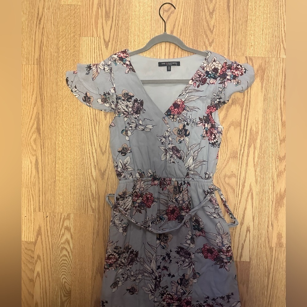 Tie Waist Cap Sleeve Floral Light Blue Dress Size Small